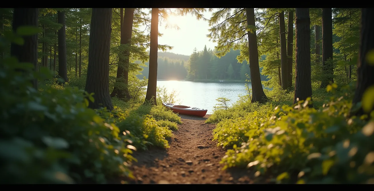 Photo illustrant un chemin étroit et escarpé menant à un lac, avec un kayak sur le rivage