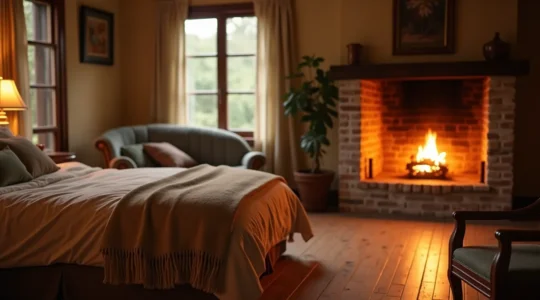 Vue chaleureuse et accueillante d'une auberge de charme avec des éléments authentiques comme un parquet en bois ancien, des draps en lin, et un feu de cheminée.