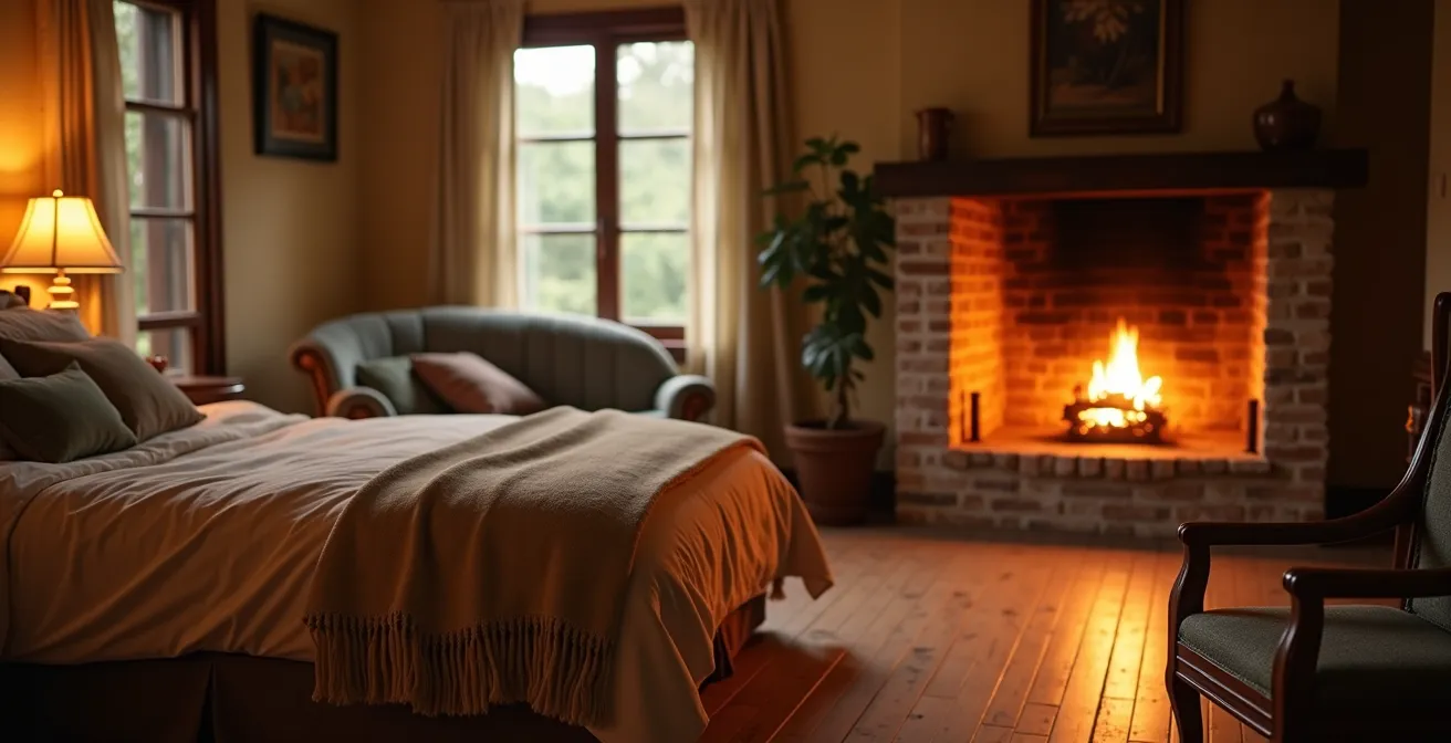 Vue chaleureuse et accueillante d'une auberge de charme avec des éléments authentiques comme un parquet en bois ancien, des draps en lin, et un feu de cheminée.