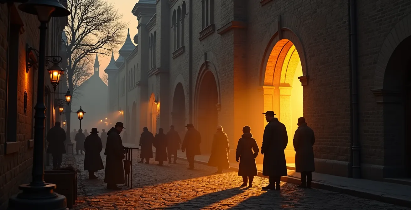 Vue symbolique d'un vieux bâtiment patrimonial québécois sur fond de ciel dramatique, avec des silhouettes représentant des citoyens engagés et des artisans au travail