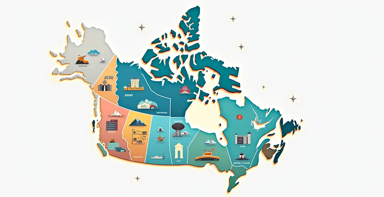 Carte stylisée du Québec mettant en avant les régions et leurs spécificités économiques et culturelles