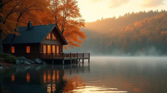 Vue panoramique d'un chalet en bois au bord d'un lac tranquille au Québec, entouré de forêt dense en automne