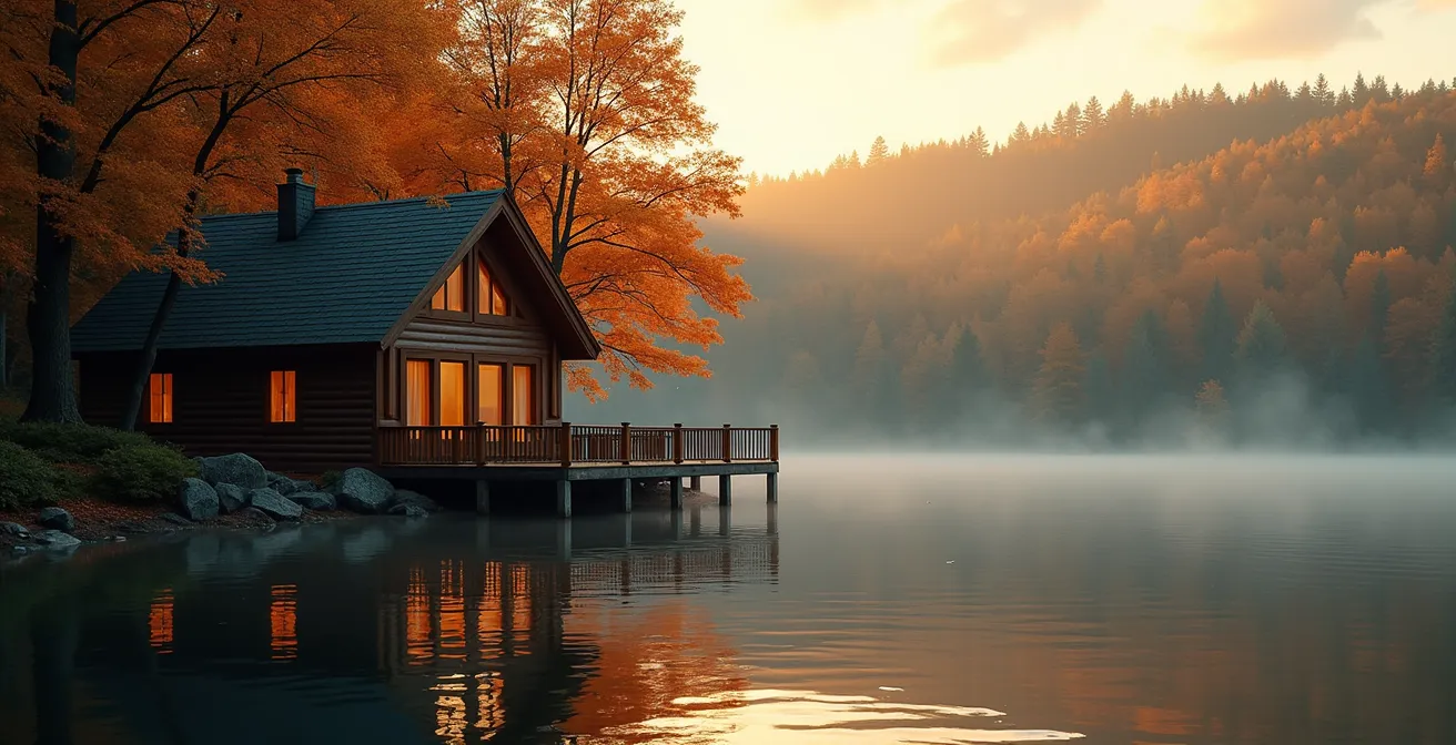 Vue panoramique d'un chalet en bois au bord d'un lac tranquille au Québec, entouré de forêt dense en automne