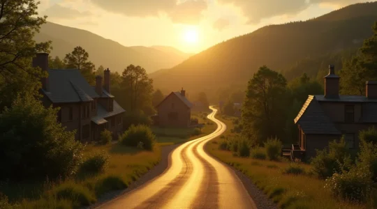 Vue panoramique du Chemin du Roy avec des paysages ruraux, des maisons anciennes et une route sinueuse symbolisant un voyage dans le temps au Québec