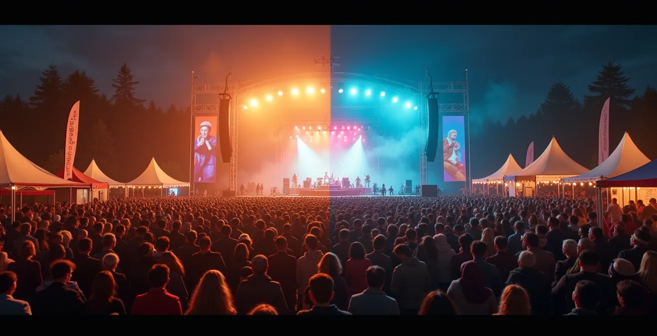 Illustration comparative entre un grand méga-show en plein air et une fête de village chaleureuse avec interaction entre participants