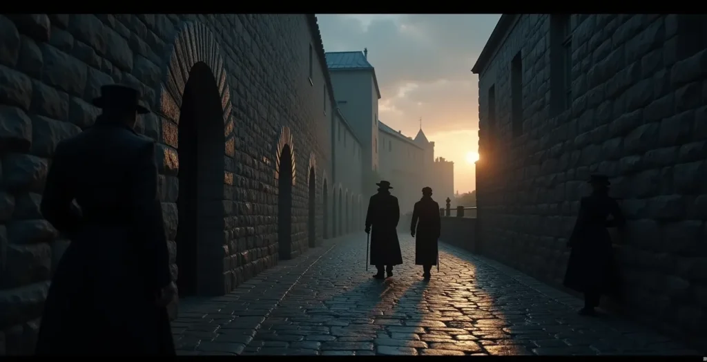 Représentation symbolique des remparts de Québec avec silhouettes d'espions vêtus de manteaux longs, contrebandiers et couples d'amoureux cachés dans l'ombre des murs. Représentation symbolique des remparts de Québec avec silhouettes d'espions vêtus de manteaux longs, contrebandiers et couples d'amoureux cachés dans l'ombre des murs.