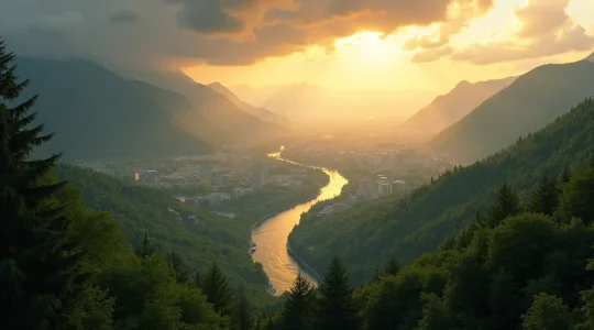Vue panoramique symbolique du Québec intégrant nature sauvage, villes dynamiques et éléments culturels représentatifs