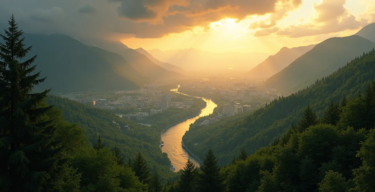 Vue panoramique symbolique du Québec intégrant nature sauvage, villes dynamiques et éléments culturels représentatifs