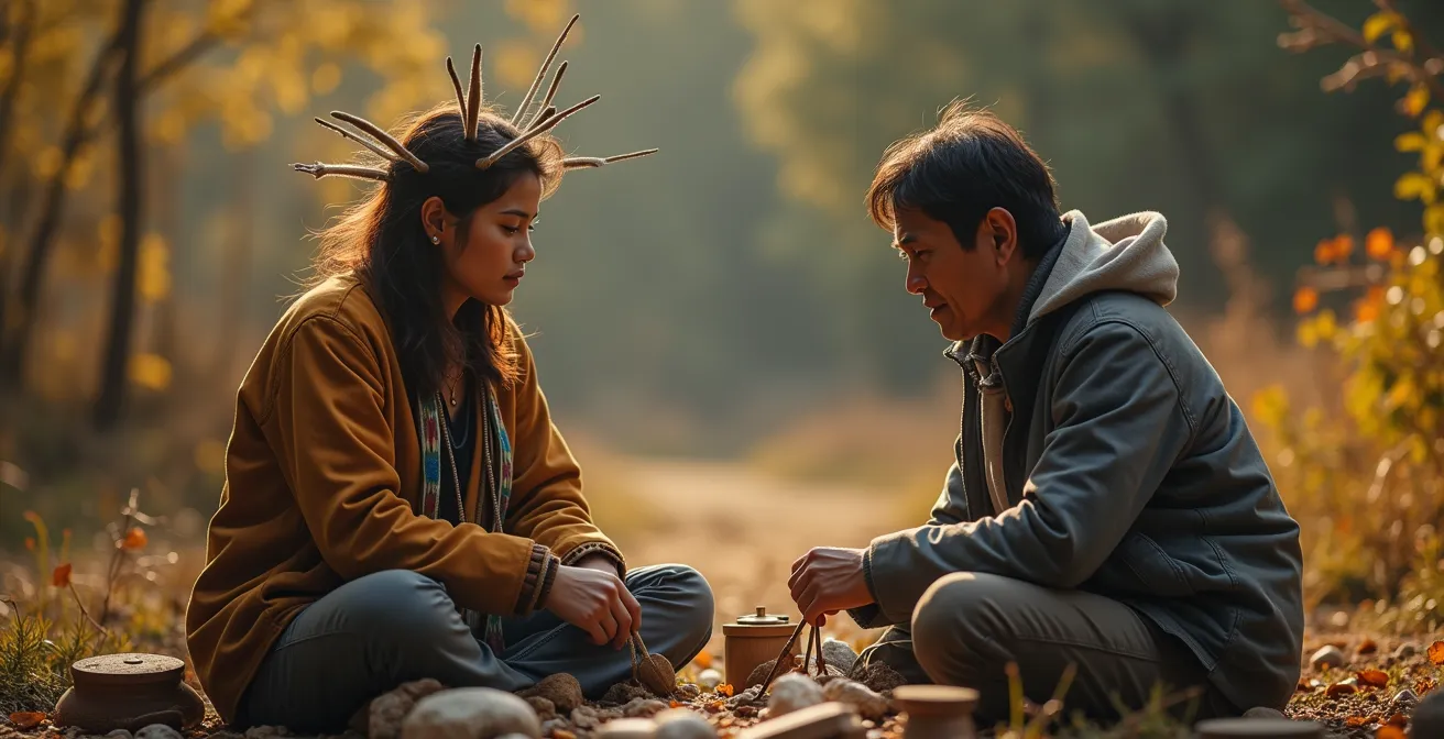Rencontre respectueuse entre un visiteur et un artiste autochtone lors d'une cérémonie traditionnelle au Québec