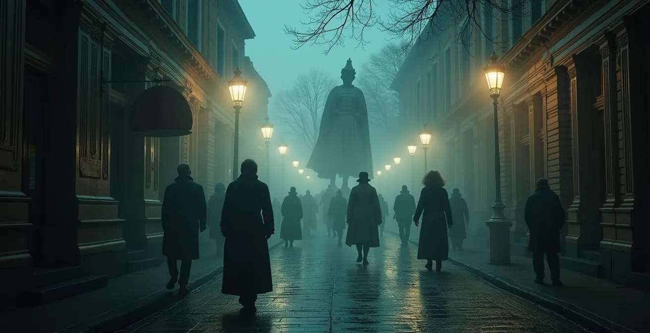 Illustration montrant des personnages historiques et artistes du Québec en semi-transparence dans des lieux emblématiques