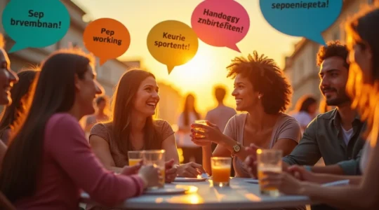 Personnes de différentes régions du Québec échangeant avec leurs expressions et accents typiques visible en arrière-plan