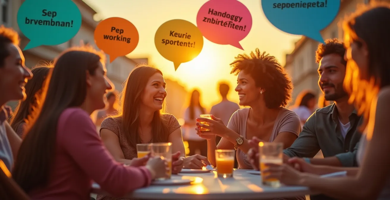 Personnes de différentes régions du Québec échangeant avec leurs expressions et accents typiques visible en arrière-plan