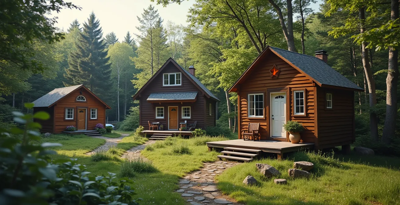 Vue représentative de différents types d'hébergements touristiques au Québec : hôtel moderne, gîte rustique, cabane dans les arbres au cœur de la forêt