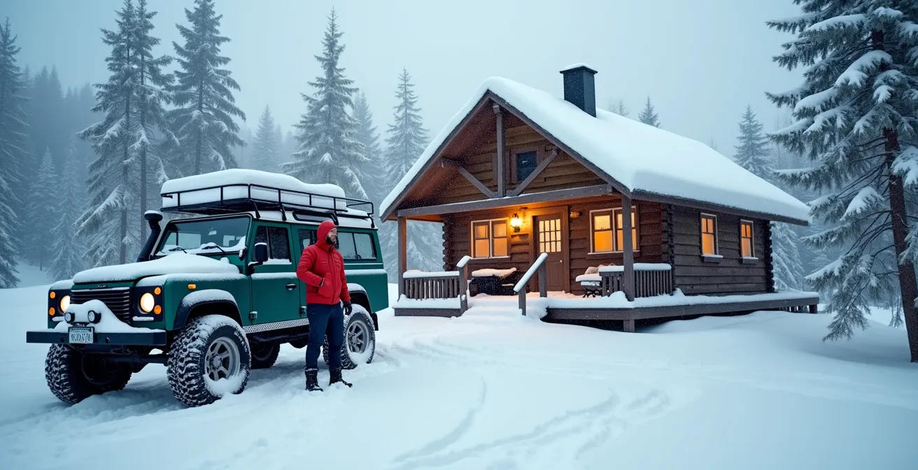 Un chalet enneigé en hiver avec un véhicule équipé pour la neige et une personne habillée en vêtements chauds selon la technique des trois couches