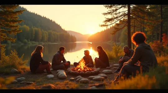 Vue panoramique réunissant paysages naturels du Québec, scènes de vie locale chaleureuse, festivités culturelles et rencontres humaines authentiques