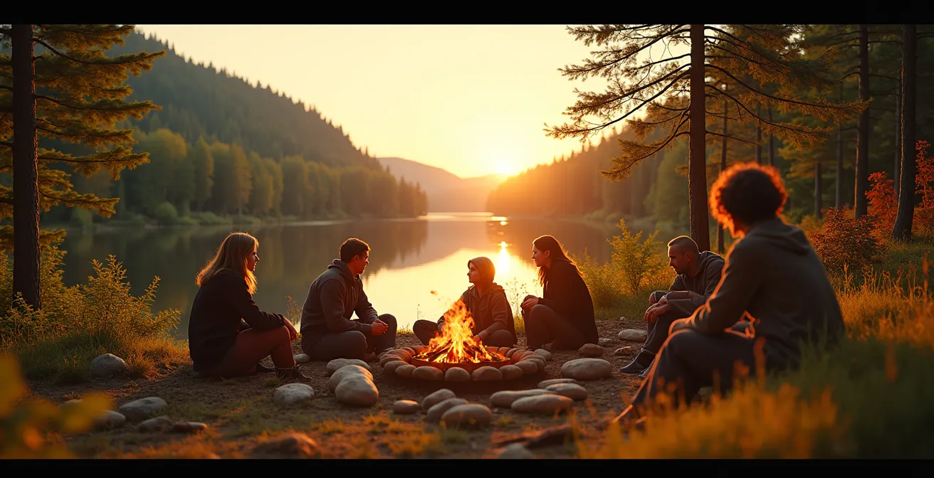 Vue panoramique réunissant paysages naturels du Québec, scènes de vie locale chaleureuse, festivités culturelles et rencontres humaines authentiques