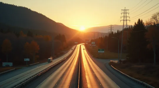 Vue symbolique d'une route principale menant vers des paysages touristiques du Québec avec des éléments d'infrastructures routières et de signalisation intégrés subtilement dans un paysage naturel