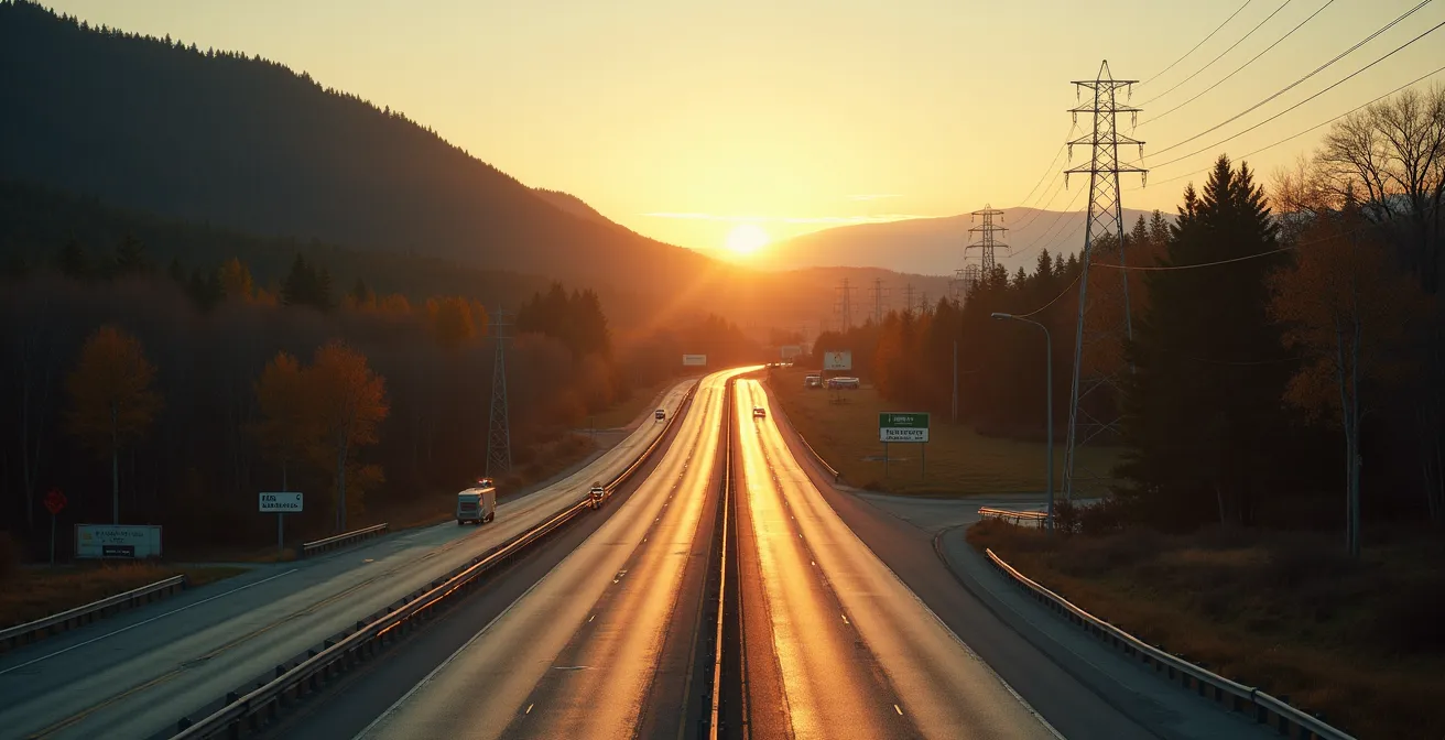 Vue symbolique d'une route principale menant vers des paysages touristiques du Québec avec des éléments d'infrastructures routières et de signalisation intégrés subtilement dans un paysage naturel