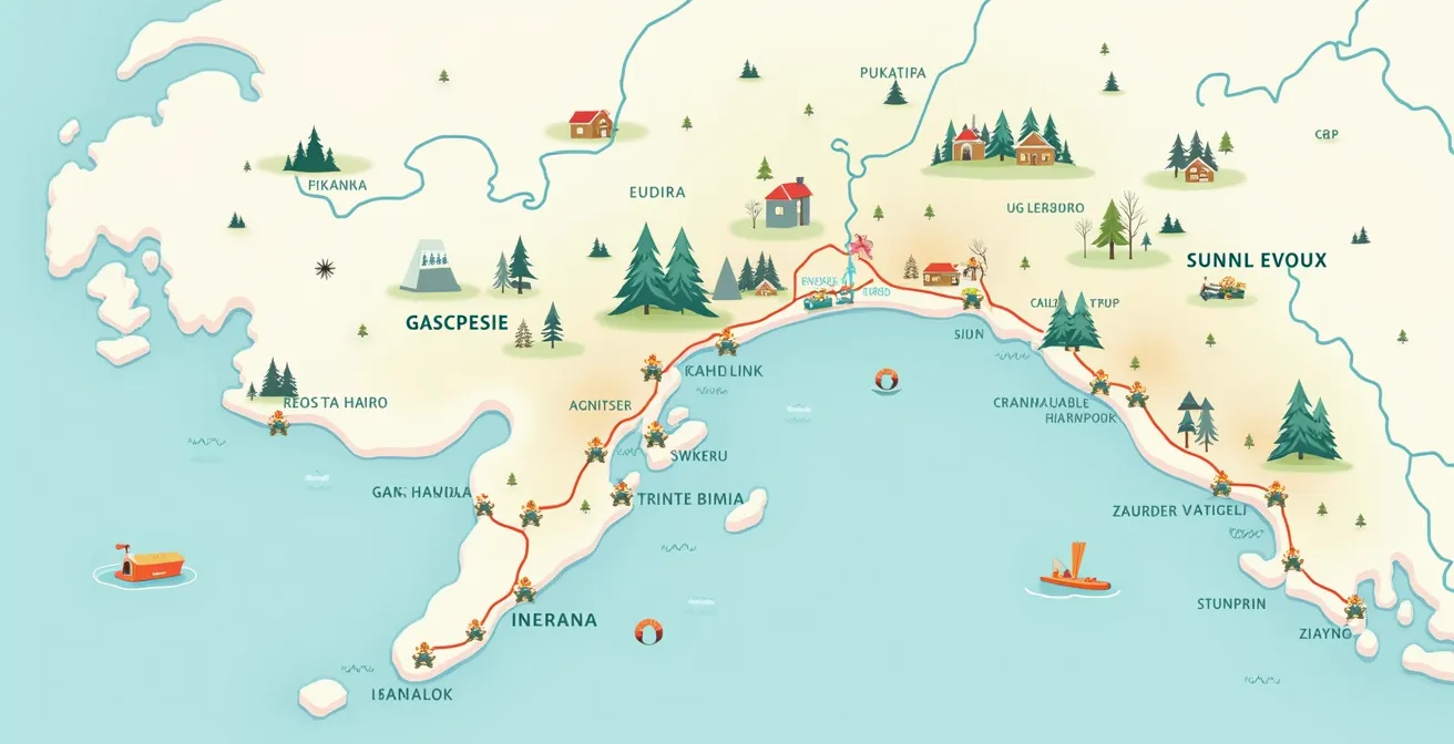Carte détaillée des itinéraires estivaux hors des sentiers battus au Québec, montrant des routes secondaires et des parcs peu fréquentés