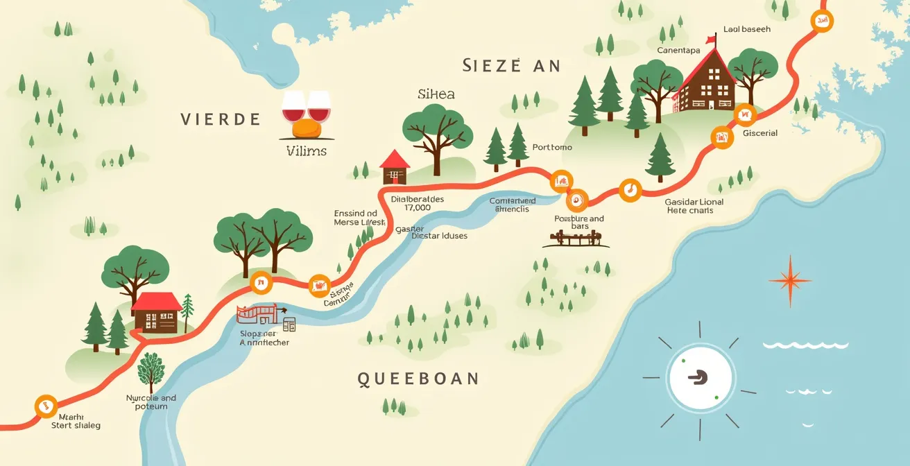 Vignobles du Québec avec un itinéraire tracé sur une carte illustrant une journée bien organisée avec pauses gourmandes et visites variées