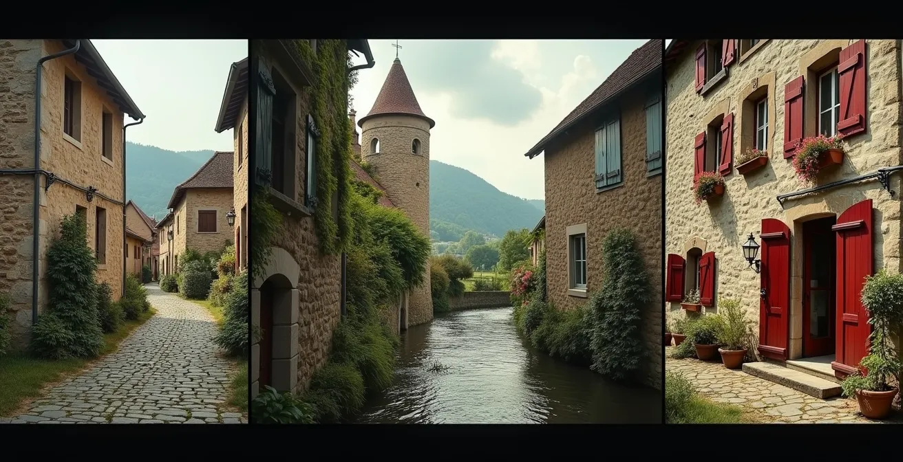Collage paisible de 5 villages patrimoniaux du Chemin du Roy avec architecture ancienne et paysages figés dans le temps