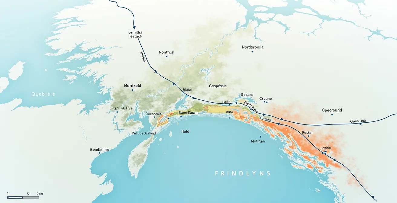 Carte stylisée représentant les microclimats du Québec avec les zones urbaines, maritimes et montagneuses