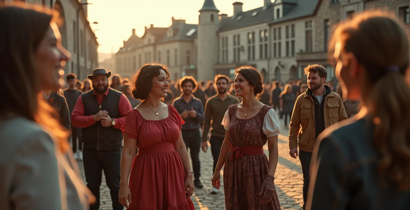 Une scène symbolique montrant la culture québécoise vivante avec un mélange d'éléments traditionnels et modernes, incluant des chants, danses et architecture