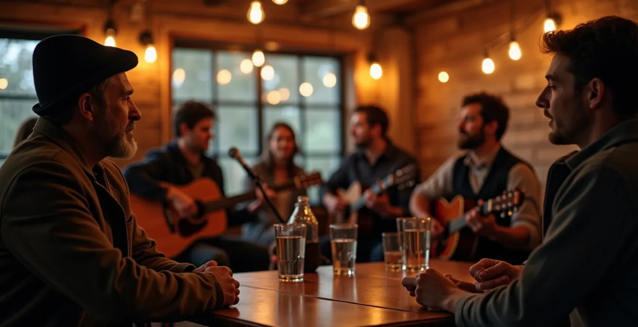 Un groupe de musiciens et conteurs dans une microbrasserie de village au Québec, animant une soirée traditionnelle