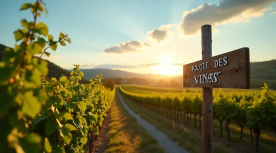 Vignoble du Québec avec collines verdoyantes sous un ciel bleu clair, évoquant un paysage bucolique pour la dégustation de vin