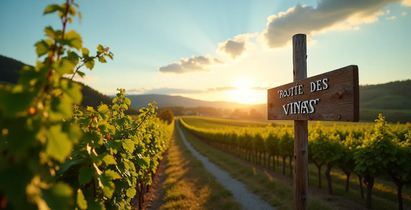 Vignoble du Québec avec collines verdoyantes sous un ciel bleu clair, évoquant un paysage bucolique pour la dégustation de vin
