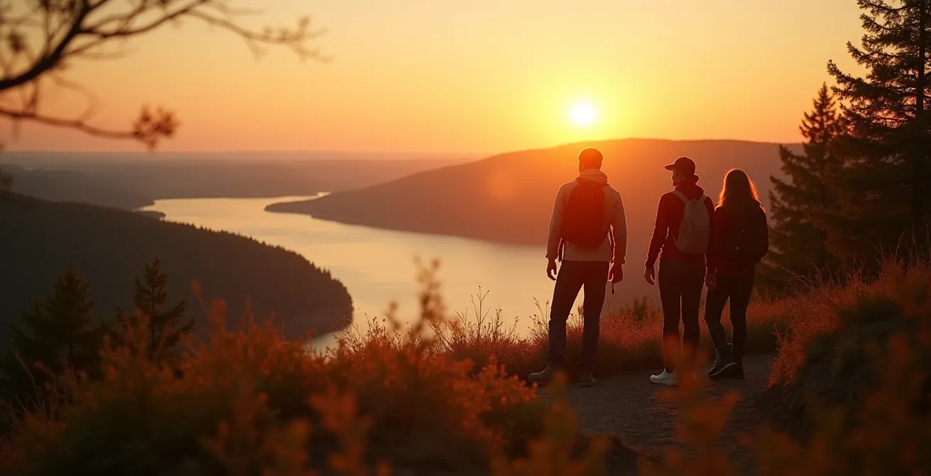 Photographie d'un groupe de voyageurs au lever du soleil face à un paysage naturel du Québec, prêts pour une excursion exclusive