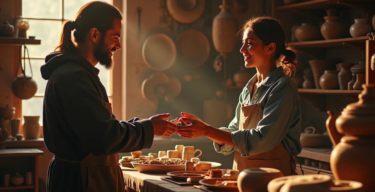 Rencontre entre un artisan et un visiteur dans un atelier chaleureux, ambiance conviviale et authentique