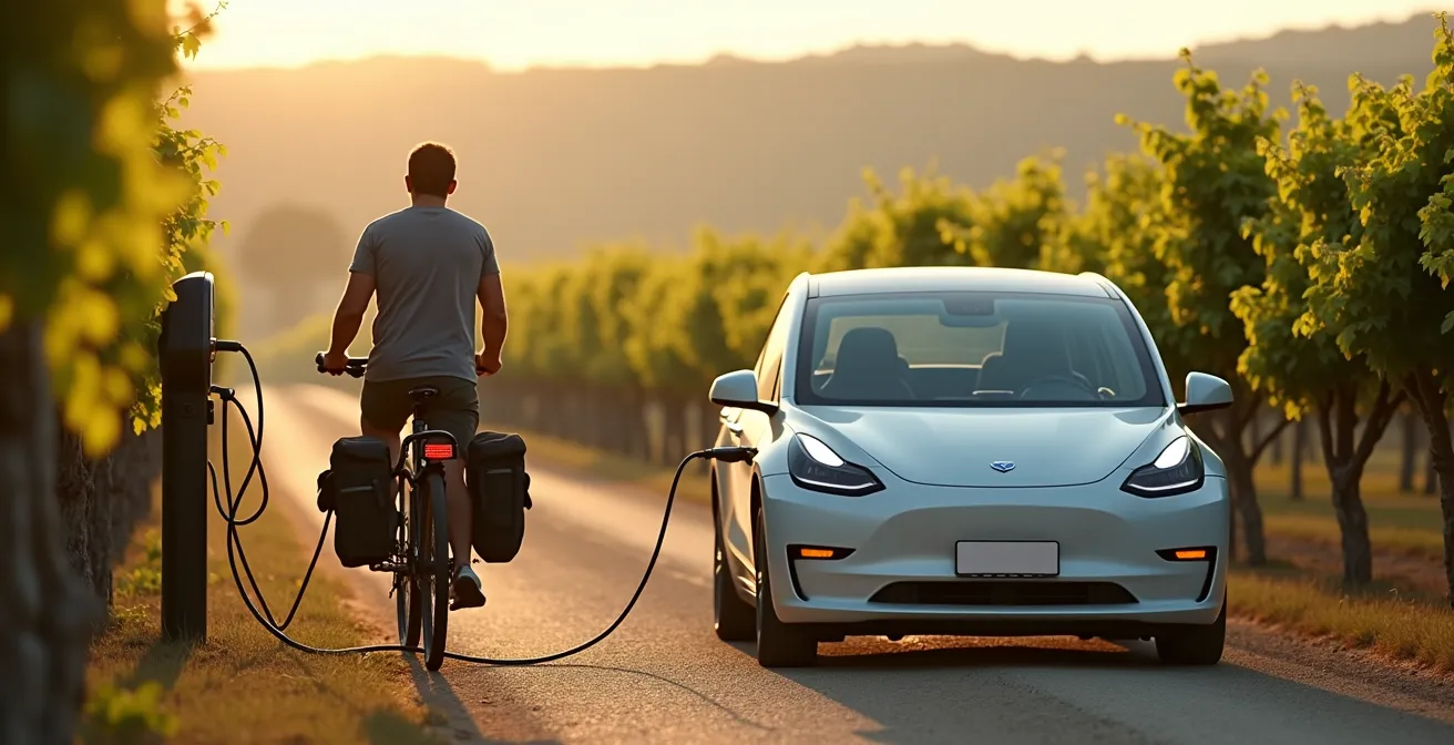 Un cycliste avec sacoches de vélo devant un vignoble et une voiture électrique en arrière-plan près d'une borne de recharge
