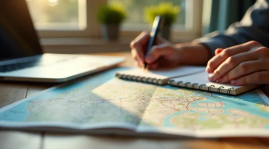 Image symbolique d'une personne planifiant un voyage avec une carte du Québec, un carnet et un ordinateur dans un cadre apaisant