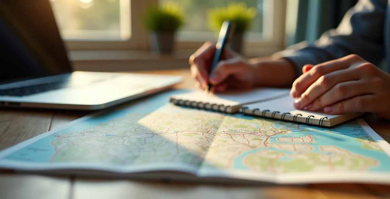Image symbolique d'une personne planifiant un voyage avec une carte du Québec, un carnet et un ordinateur dans un cadre apaisant