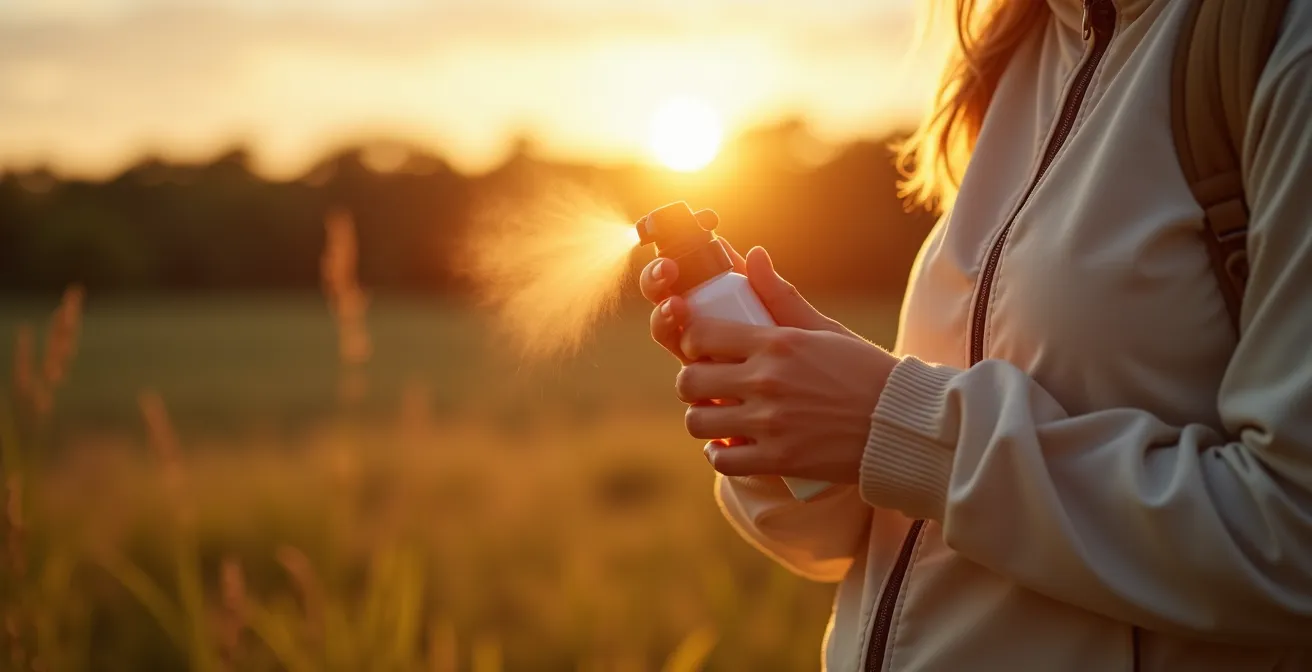 Personne habillée avec vêtements anti-moustiques légers et appliquant un spray dans un environnement extérieur d'été au Québec