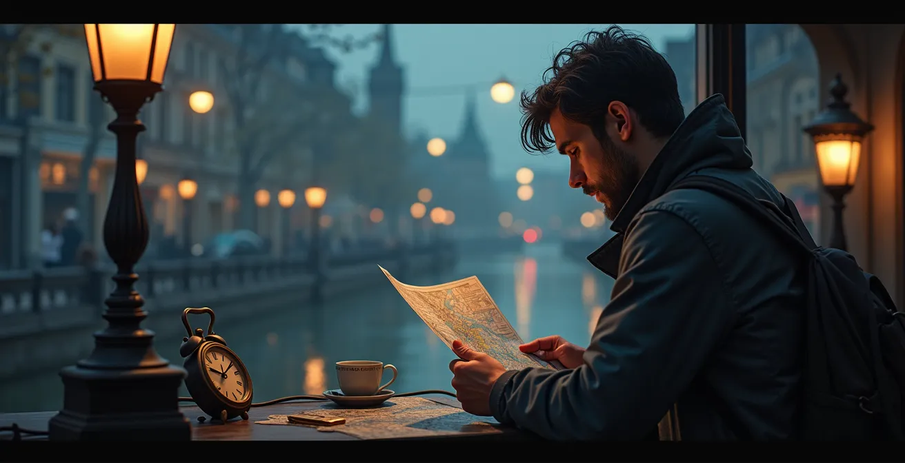 Illustration schématique montrant un voyageur planifiant un itinéraire horaire précis avec une montre et une carte devant des sites touristiques calmes