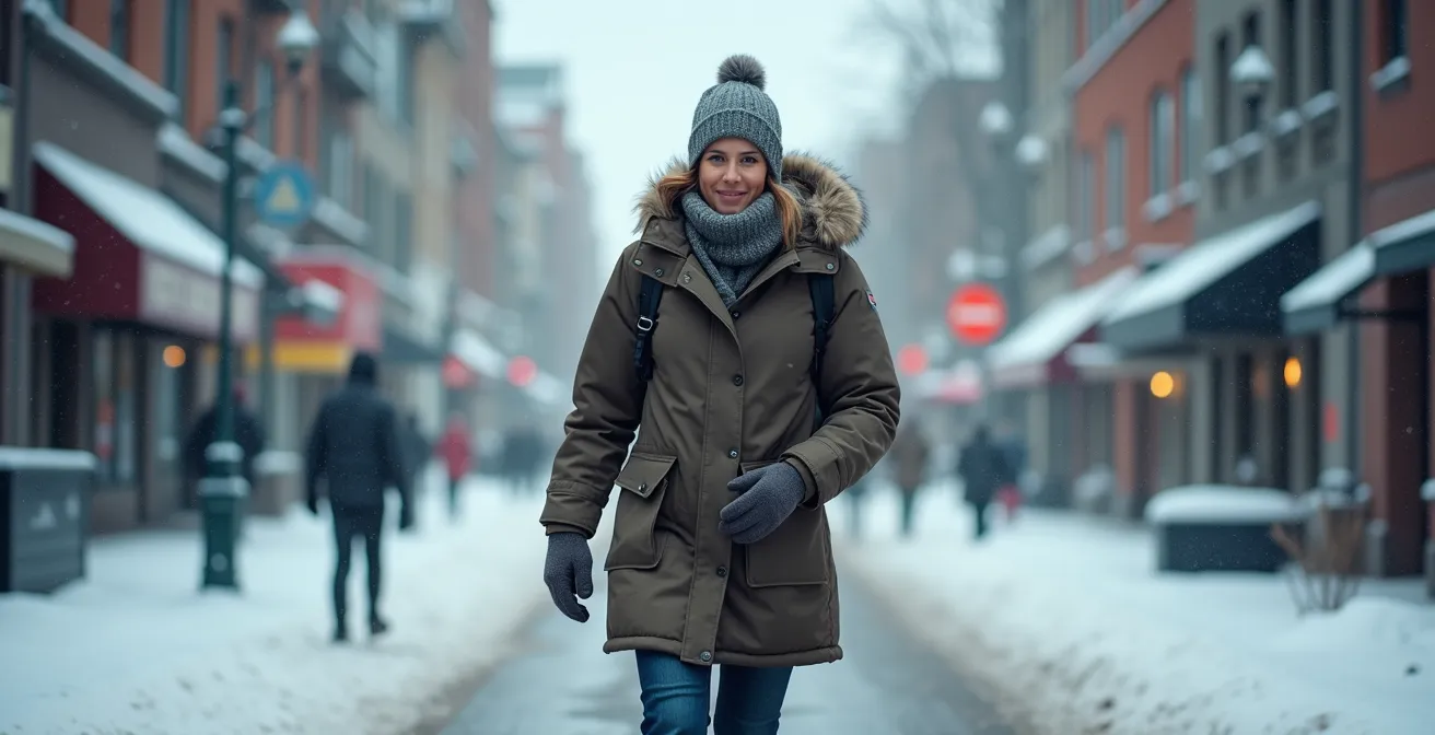 Personne habillée chaudement avec manteau Kanuk, bottes et tuque, marchant dans un paysage urbain enneigé typique du Québec