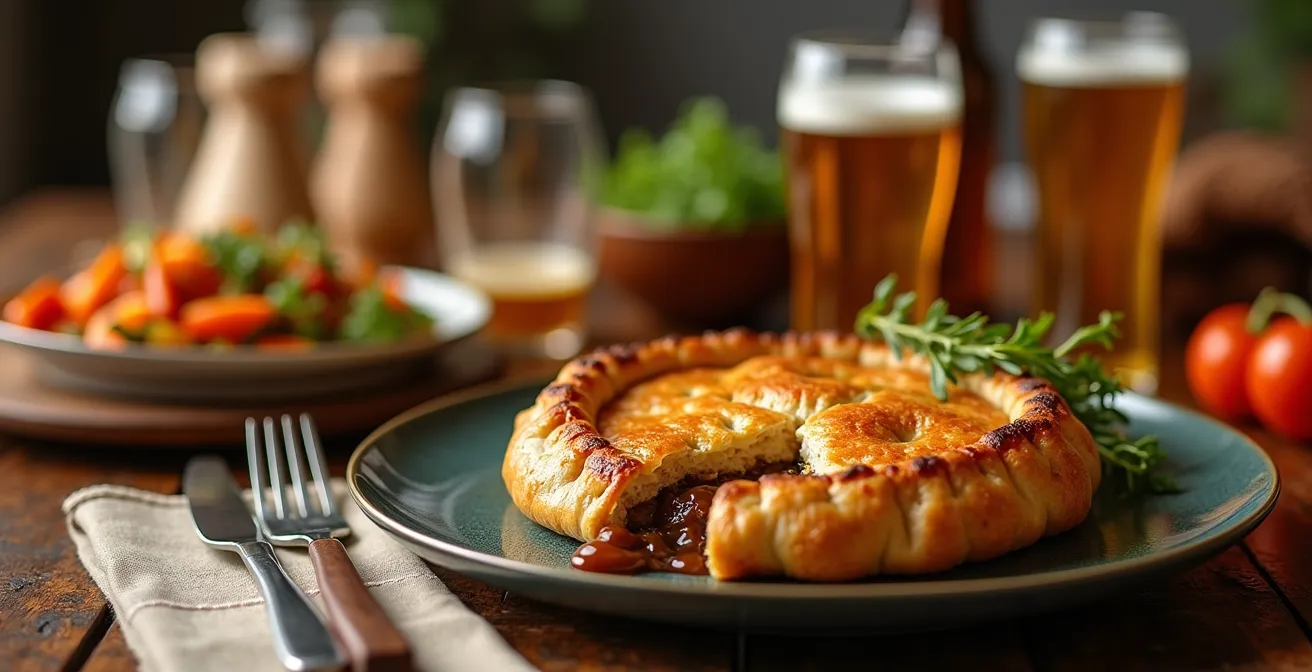 Photographie détaillée d’un repas traditionnel québécois avec tourtière, accompagnements régionaux et boissons locales associées