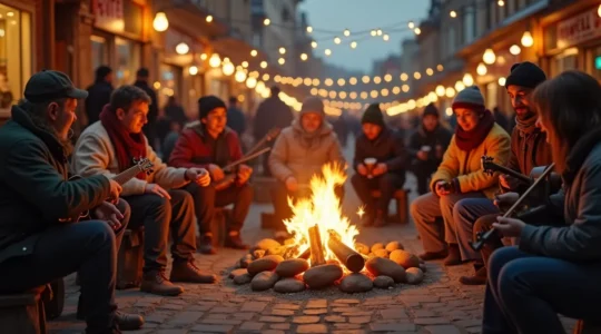 Scène symbolique représentant les traditions québécoises mêlant éléments historiques et modernité urbaine au Québec