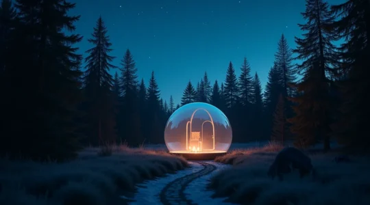 Paysage nocturne d'une forêt québécoise avec une bulle transparente illuminée de l'intérieur, offrant une vue sur les étoiles, symbolisant le choix d'un hébergement transformateur pour un voyage au Québec