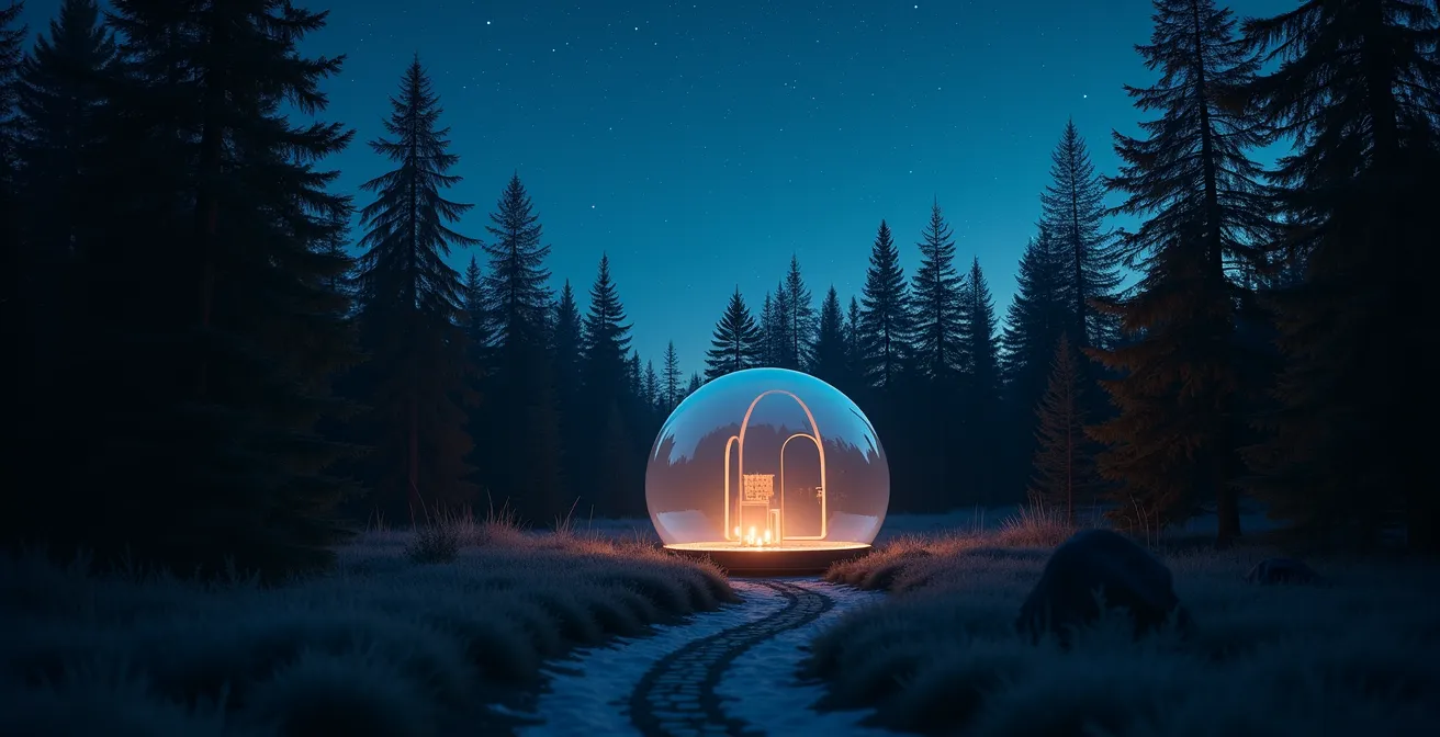 Paysage nocturne d'une forêt québécoise avec une bulle transparente illuminée de l'intérieur, offrant une vue sur les étoiles, symbolisant le choix d'un hébergement transformateur pour un voyage au Québec