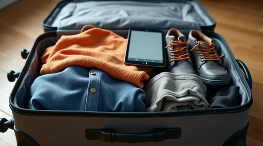 Une valise organisée avec vêtements en trois couches, équipements anti-moustiques, chaussures et accessoires pour un voyage au Québec