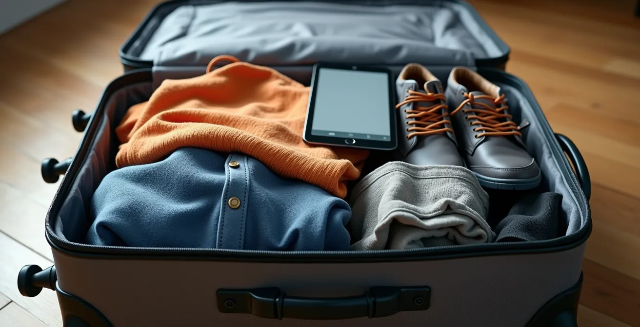 Une valise organisée avec vêtements en trois couches, équipements anti-moustiques, chaussures et accessoires pour un voyage au Québec