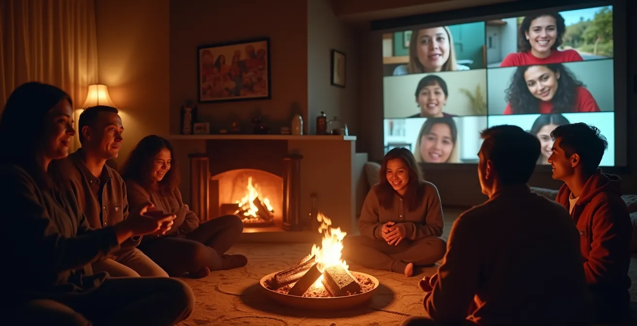 Scène chaleureuse d'une veillée québécoise moderne avec musique traditionnelle, projection visuelle et participants en visioconférence