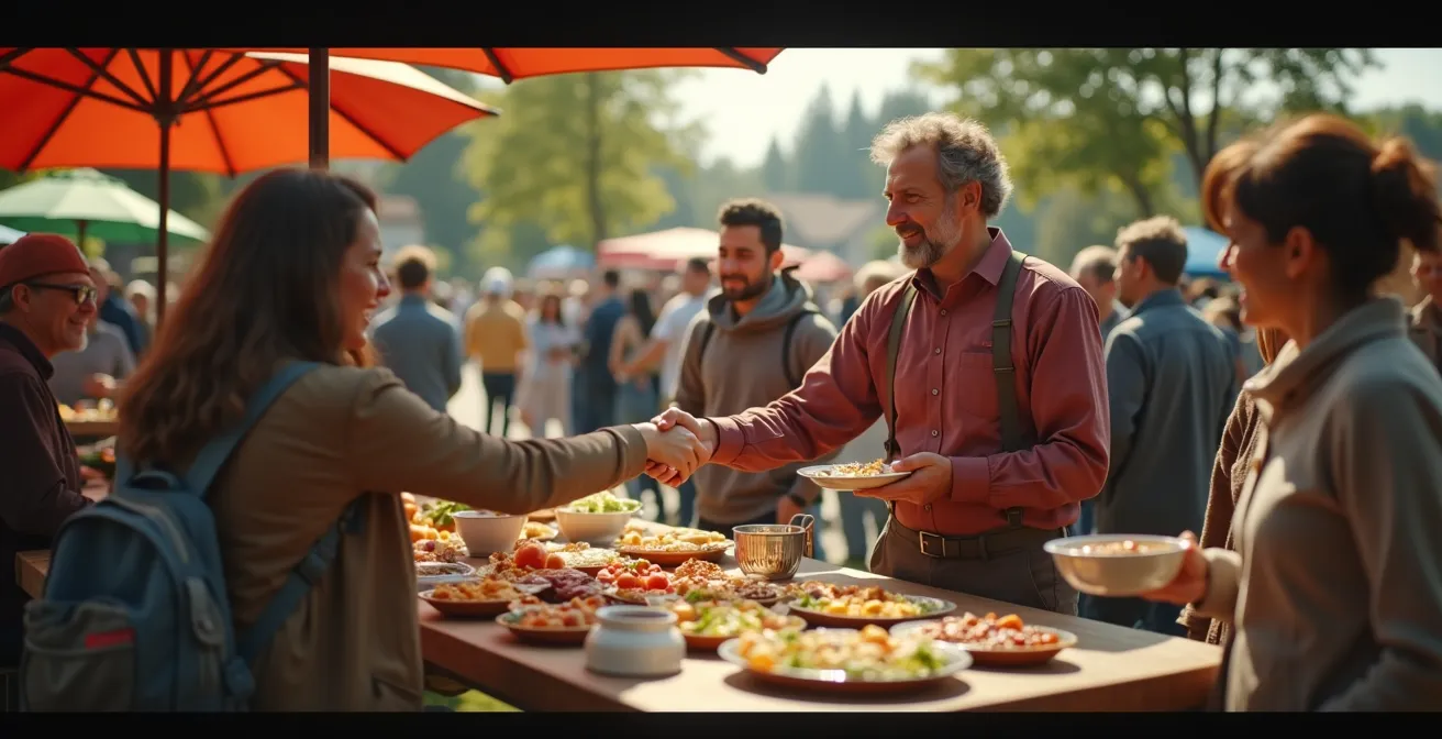 Scène illustrant diverses interactions sociales québécoises avec gestes courants, expressions et contextes familiaux et communautaires