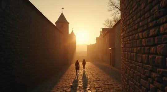 Vue emblématique des remparts du Vieux-Québec avec des personnages historiques en silhouettes, évoquant les histoires cachées derrière les murs anciens.