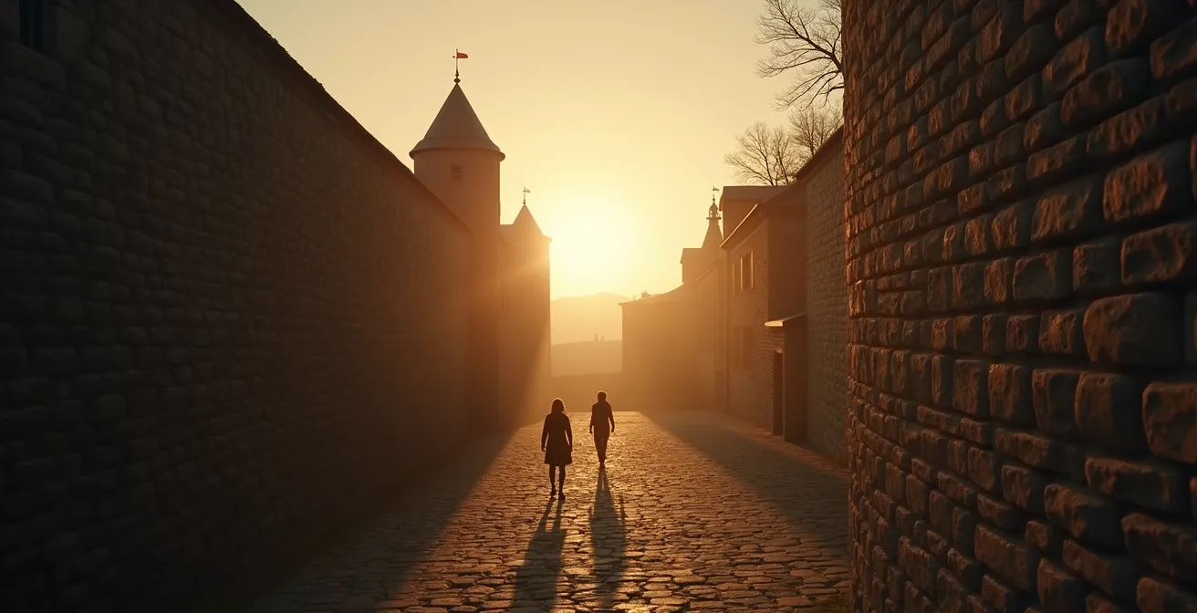 Vue emblématique des remparts du Vieux-Québec avec des personnages historiques en silhouettes, évoquant les histoires cachées derrière les murs anciens.