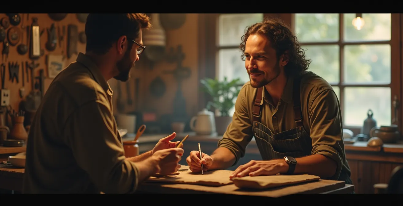 Visiteur échangeant avec un artisan dans un atelier, ambiance conviviale et chaleureuse