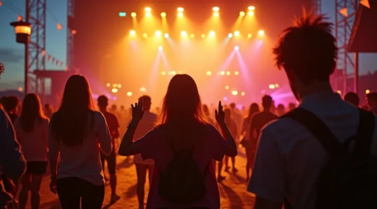 Scène dynamique d'un festival québécois mêlant foule active, artistes sur scène et échanges entre participants